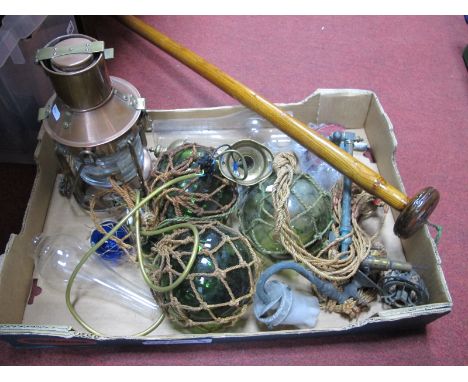 Three Glass Buoy Fisherman's Floats, copper ships lamp, glass funnels, wall lights etc, Oak flag pole:- One Box.