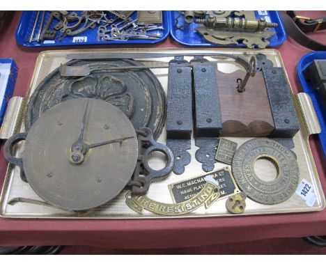 Salter Dynamometer, stock lock with key, cast iron Yorkshire Rose 26cm diameter, name plates, pattern makers tools:- One Tray