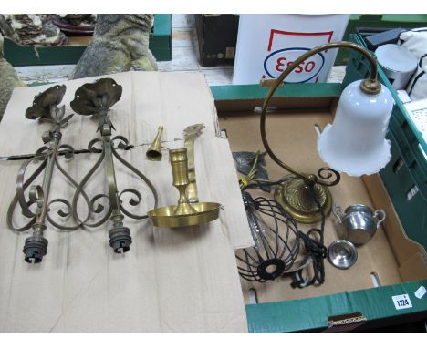 Metalware and Lighting - A pair of brass hanging lamps, a heavy brass loop lamp with milk glass shade, brass candle holder-sn