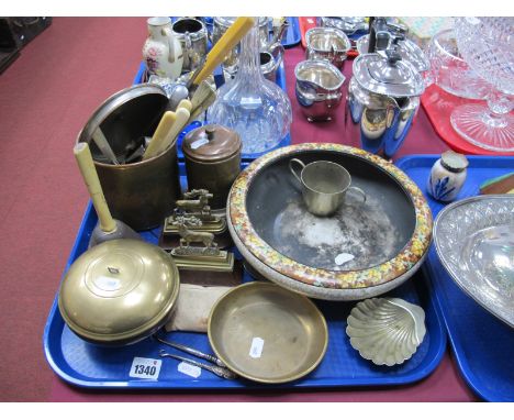 Two Silver Handled Button Hooks, other cutlery, bell Oreum dish, copper jars, stag doorstop's ceramic bowl (damages):- One Tr
