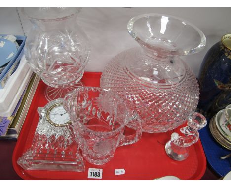 A Waterford Crystal Clock, Waterford lamp globe (lacking base), Polish glass lamp etc:- One Tray.