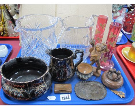 Water Jug, with swag decoration, a pair of XIX Century cranberry glass, vases, XIX Century snuff box, etc.
