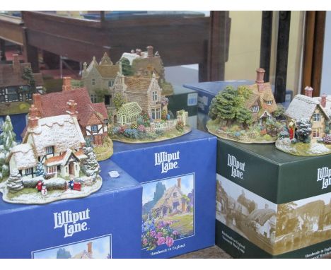 Lilliput Lane - Green Gables, Crown Inn, The First Noel, Shades of Summer and Frosty Morning, all boxed. (5).