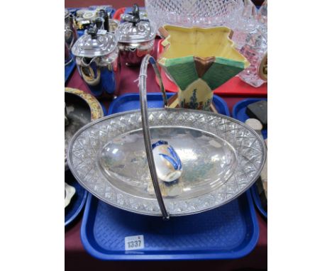 A Silver Plated Oval Basket, with embossed border 32.5cm wide. Myott 1930's '9768' vase (cracked), Doulton mini vase. (3).