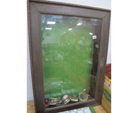 A Table Top Display Cabinet, 86cm wide containing pastry cutter, coasters, protractor, feeding spoon, pen knives, etc.