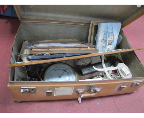 An Early XX Century Oak Anoroid Barometer Scales, framed cigarette cards, in a vintage suitcase.