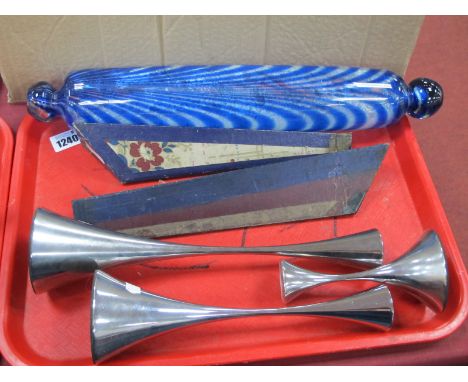 A XIX Century Glass Rolling Pin, a set of three graduated (Robert Welsh) stainless steel candlesticks, the tallest 30cm, a ch