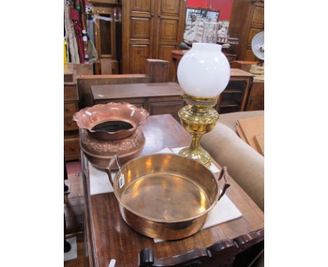 A Late XIX Century Brass Paraffin Oil Lamp, with glass funnel and shade. Copper jardiniere and a brass twin handled pain. (3)