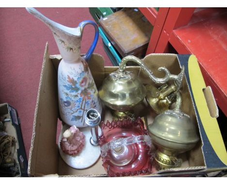 A XIX Century Glass Jug, decorated with flowers, a XIX Century Cranberry basket (damaged), pair of brass wall oil lamps, tabl