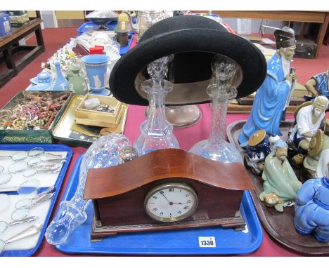 A Mahogany Cased Mantle Clock, bowler hat, decanters etc:- One Tray