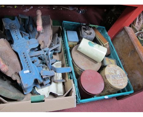 A Tractor Seat, irons tins, etc, boot scraper:- Two Boxes.
