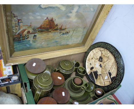 Hornsea Heirloom Table Pottery, of twenty thee pieces. Bretby wall plague:- One Box with Mediterranean scene oil on canvas 39