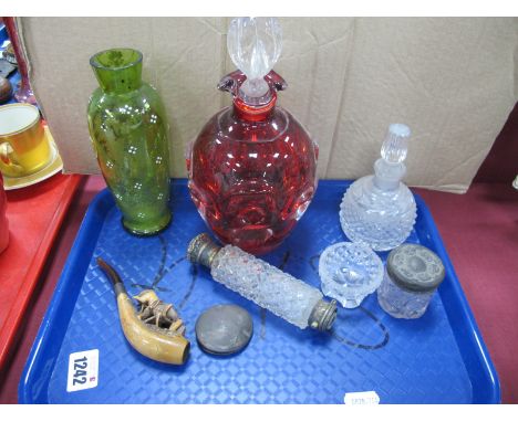 A Twin Ended Scent Bottle, (lid absent), Waterford scent bottle, ruby glass example, 21.5cm high, pipe, etc:- One Tray.