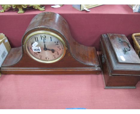 A XIX Century Mahogany Tea Caddy, (damaged) 24cm wide, dome topped mantle clock. (2).