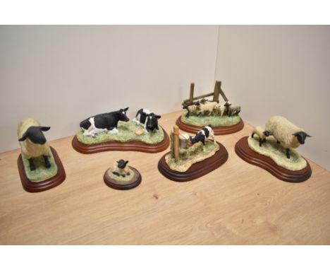 A group of six Border Fine Arts farm animal studies, comprising Suffolk ewe and lamb 119, Suffolk Ram A0735, First Friends Su