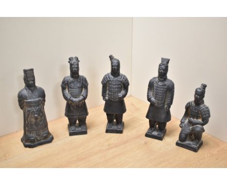 A group of five cast reproduction Chinese terracotta army warrior figures, the tallest 23cm, one with repair hairpiece.