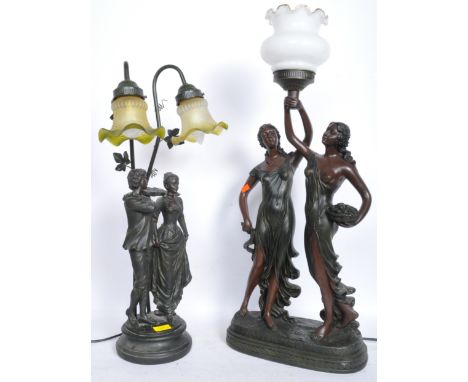 Two vintage 20th century bronzed resin table lamps to include one with two classical female figures upholding a torch with gl