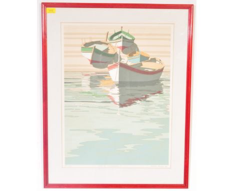 Andras Kaldin - Boats of Villefranche - colour screen print. A vintage 20th century print of rowing boats on the beach. Frame