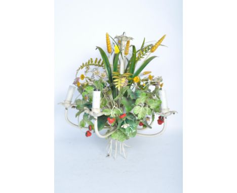 A vintage mid 20th century (circa 1950s) French toleware hand painted fruit and floral chandelier. The chandelier electrolier