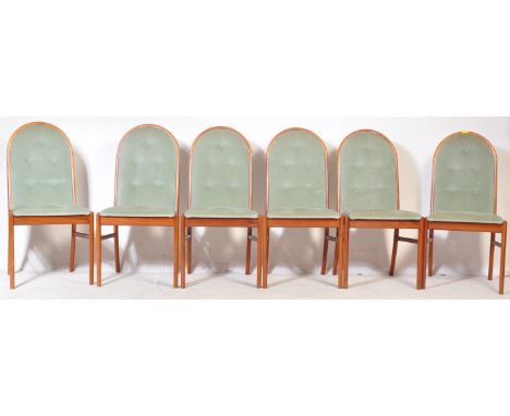 A set of six retro vintage mid 20th century teak wood hoop back dining chairs with back rests and seats upholstered in a teal