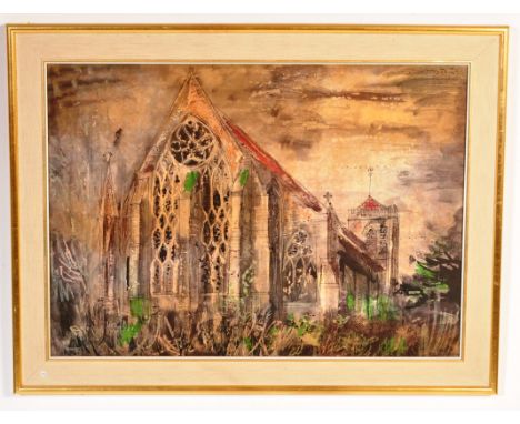 After John Piper - A 20th century print of Dorchester Abbey from the East. Framed with canvas border Measures 70cm x 90cm