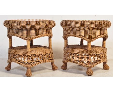 A pair of vintage retro mid 20th century cane and glazed occasional coffee tables. Each having a central circular glazed tabl