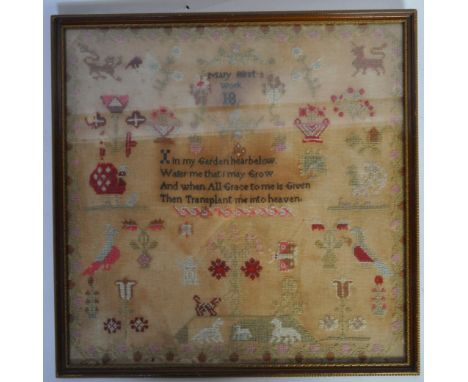 A 19th century Victorian sampler - Mary's First Work 18 having figural and foliate decoration. Framed and glazed. Measures 42