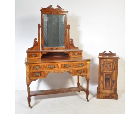 A 19th century late Victorian Art Nouveau figured&nbsp; walnut dressing table / washstand accompanied by a bedside cabinet. T