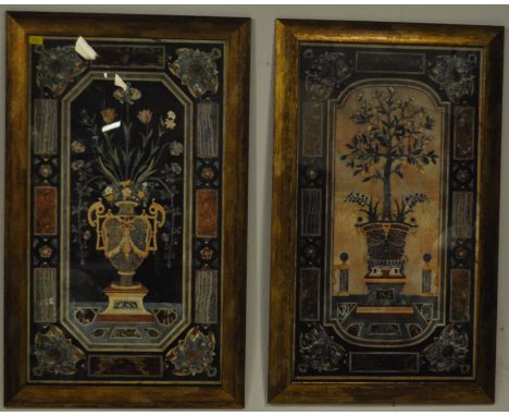 Two vintage 20th century Italian style framed pictures of floral arrangements set within a broder of varying specimen marble.