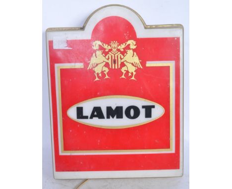 A vintage retro mid 20th century Lamot beer perspex free standing and wall hanging light up advertising sign. Measures 38cm x