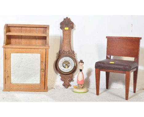 A collection of vintage 20th century furniture comprising of a pine bathroom cabinet, oak barometer, folk art lamp together w