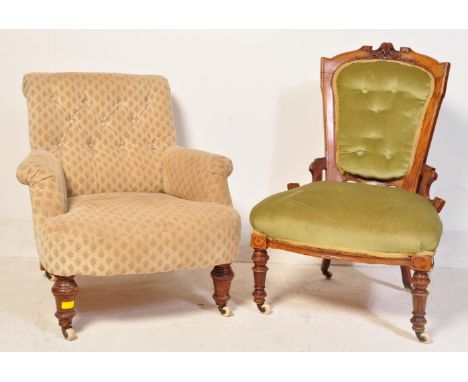 A 19th Century Victorian mahogany armchair in the manner of Howard &amp; Sons having a chesterfield style button back, scroll