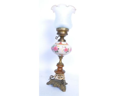 A vintage 20th century Victorian Revival lamp / oil lamp having acid etched foliate decoration to the shade, polychrome flora