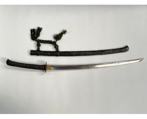 A Japanese sword, the blade appears to be signed Fujiwara Morikuni and circa Shinto / Shinshinto 1600-1750. The mounts (koshi