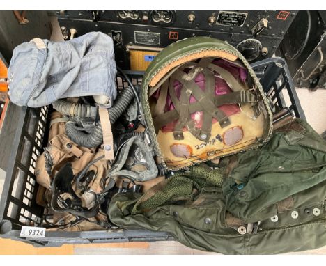 A box of miscellaneous including Normalair respirators post-war, RAF flying helmet and another, 3c helmet 