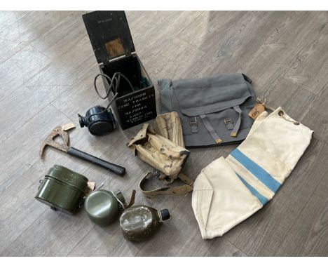 A box of miscellaneous including 1938 pattern canteen, water bottles and escape axe etc 
