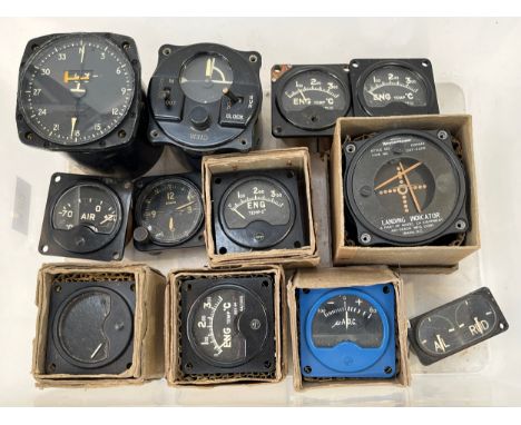 A collection of WWII and later aircraft dials/gauges including Westinghouse Landing Indicator Type CAY-22316 circa 1940, boxe