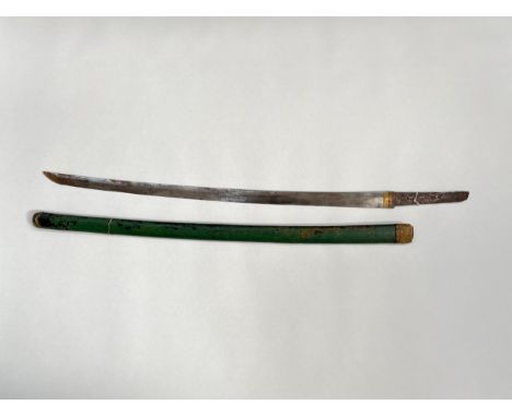 An Oriental sword blade with corroded tang unmarked, together with a green lacquered bamboo scabbard a/f, 69cm blade, 75cm sc