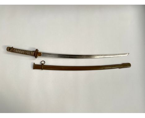 A WWII Japanese NCO's sword, green painted metal scabbard, the blade number non-matching to scabbard, moulded alloy grip, bla