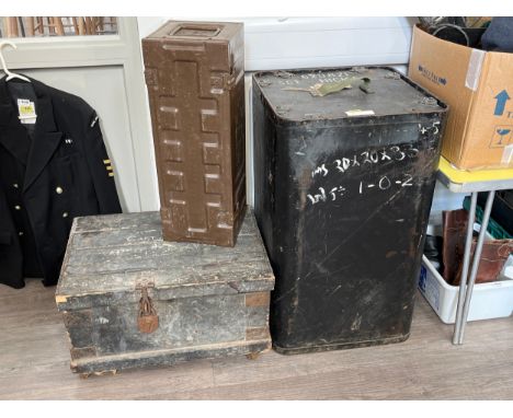 A carpenter’s chest with CAPT. R.J. VENN lettering to the lid, a Flare Tripwire kit trunk and a washing machine case marked S