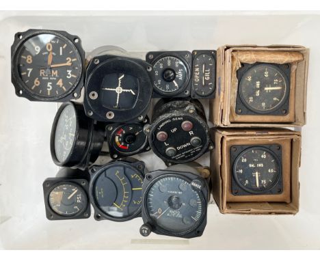 A collection of dials, mainly aircraft, including US landing gear, fuel indicator, Engine RPM etc 
