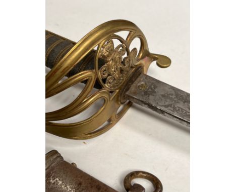 A Victorian Royal Army Medical Corps (RAMC) officer's sword, brass hilt with Victorian crown cypher, shagreen wired grip, the