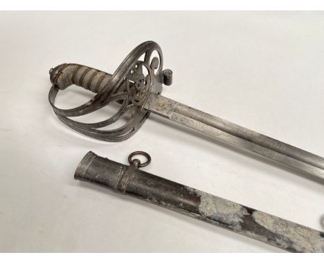An 1854 pattern Rifle Officer’s sword, gothic form steel hilt with crown and strung bugle cypher, shagreen scabbard, joining 