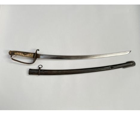 A Japanese Army Kyu Gunto sword, circa 1933, ray skin grip with brass hilt, single fuller blade, with steel scabbard (dented)