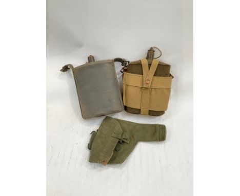 A 1938 pattern British Army water bottle with original webbing, together with WWII RAF water bottle and a pistol holster (3) 
