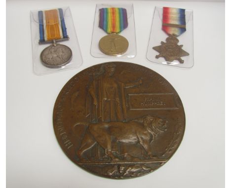 A WWI Mons Star Medal trio casualty group, each named to 7322 PTE. F. HUMPHREY 2/ OXF. &amp; BUCKS. L.I., together with bronz