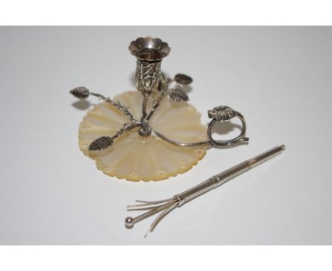 A 19th century silver and mother of pearl miniature chamber stick, c.1835; a sterling silver retractable champagne swizzle st