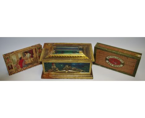 J & J Colman Ltd - an early 20th century novelty mustard tin, in the form of a table casket, sarcophagus cover, the sides emb