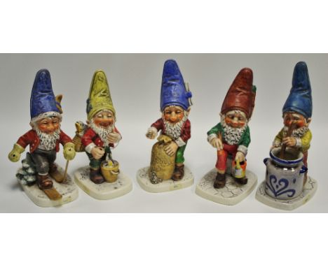 A set of 5 Goebel Co-Boy Gnomes including Petri the Fisherman no. Well 519, Mike the Jam Maker no. Well 502; , Kuni the Paint