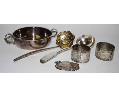 A silver quaiche, Chester; Brandy label; earl Victorian ladle;etc approx 200g gross